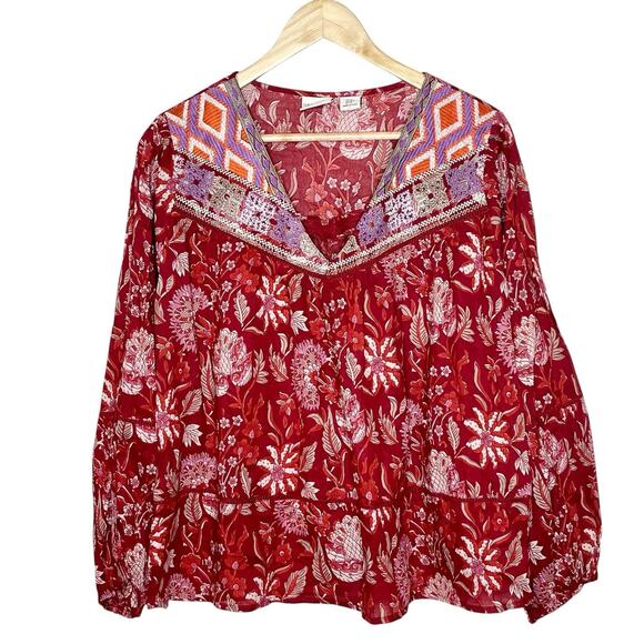 Rachel Zoe Embroidered Boho Top Red Womens Size M Floral Aztec Southwestern - Picture 1 of 8